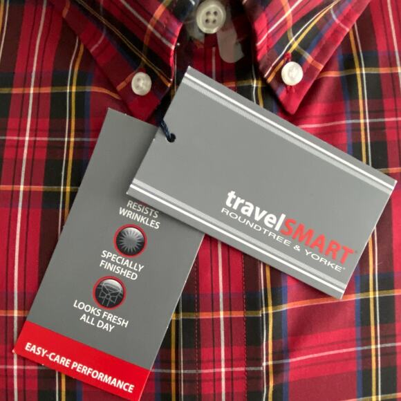 Roundtree & Yorke TravelSmart Big & Tall Men's 3XB Dress Shirt Red Plaid NEW - Picture 3 of 5